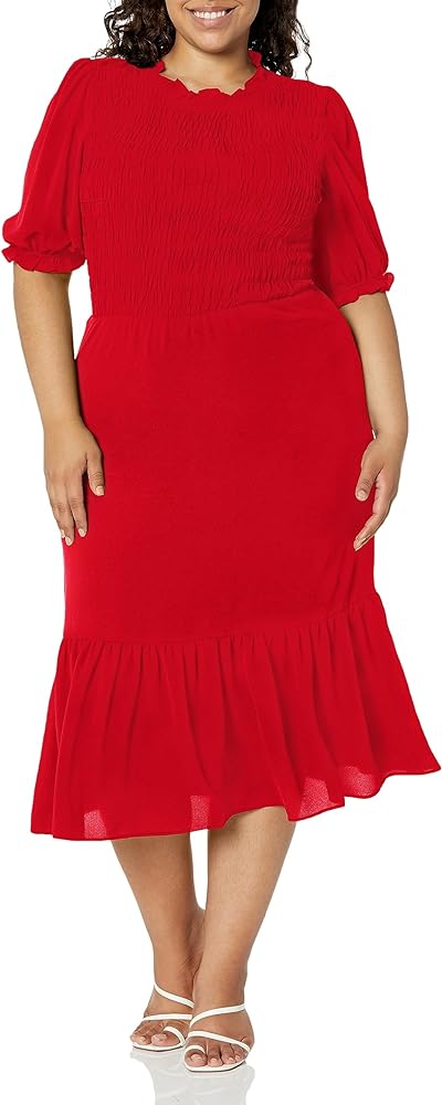 London Times Women's Smocked Bodice Ruffle Neck Puff Sleeve Midi Event Career Feminine Flattering