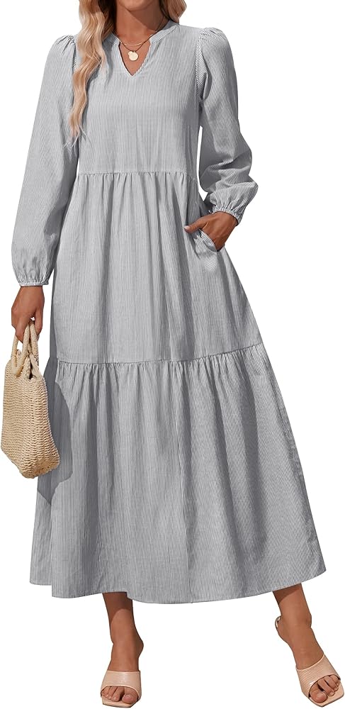 NENONA Women's 2024 Stripe Long Sleeve V Neck Casual Loose Flowy Tiered Maxi Dress with Pockets