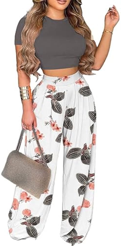 2 Piece Outfits for Women Crew Neck Short Sleeve Crop Tops Printed Wide Leg Long Pants Summer Matching Sets