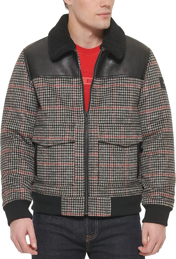 Tommy Hilfiger Men's Mixed Media Wool Blend Sherpa Collar Bomber