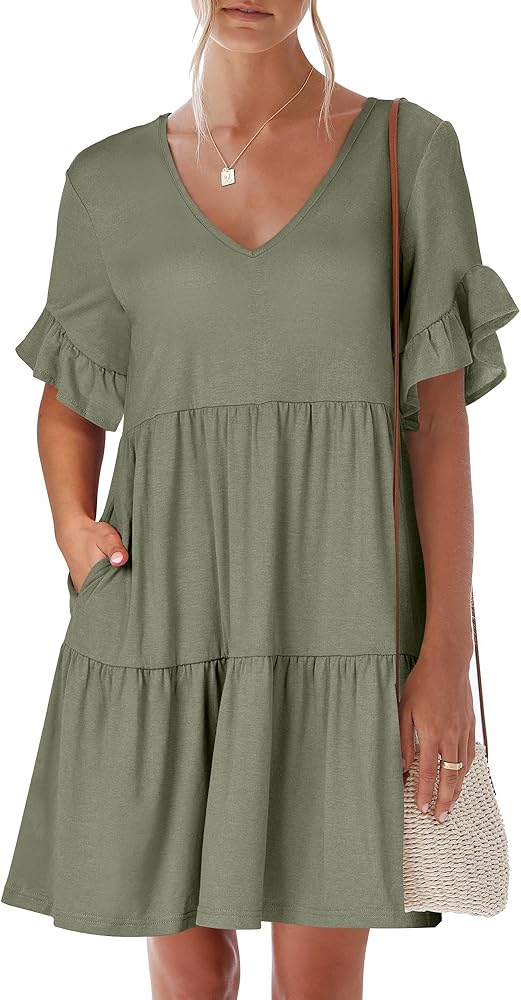 ANRABESS Women's 2024 Summer Trendy V Neck Ruffle Short Sleeve A Line Tiered Flowy Casual Mini Beach Dress with Pockets