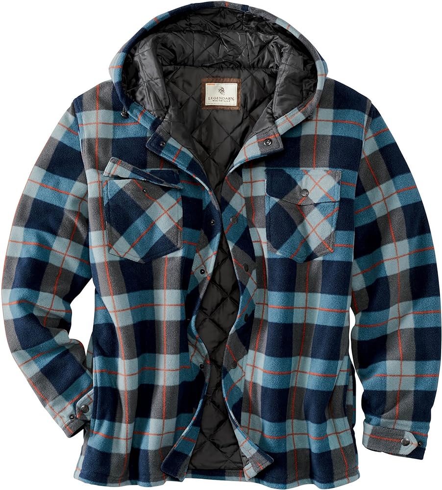 Legendary Whitetails Men's Ranger Quilted Fleece Shirt Jacket-Casual Snap Front Hooded Regular Fit Plaid