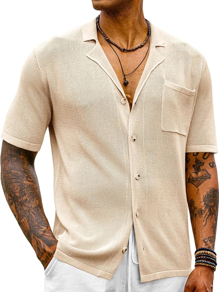 Runcati Mens Button Down Knit Shirt Casual Cuban Short Sleeve Crochet Hollow Out Sweater Summer Beach Tops with Pockets