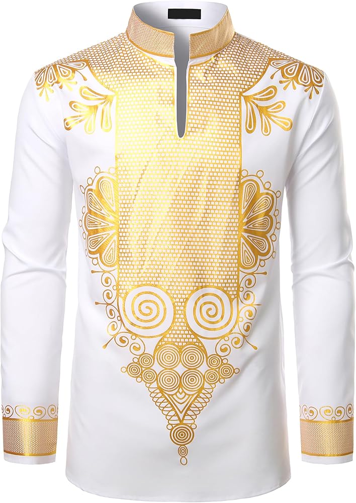 ZEROYAA Men's Africa Stand-up Collar Long Sleeve Dashiki Shiny Pattern Printed Dazzling Shirt