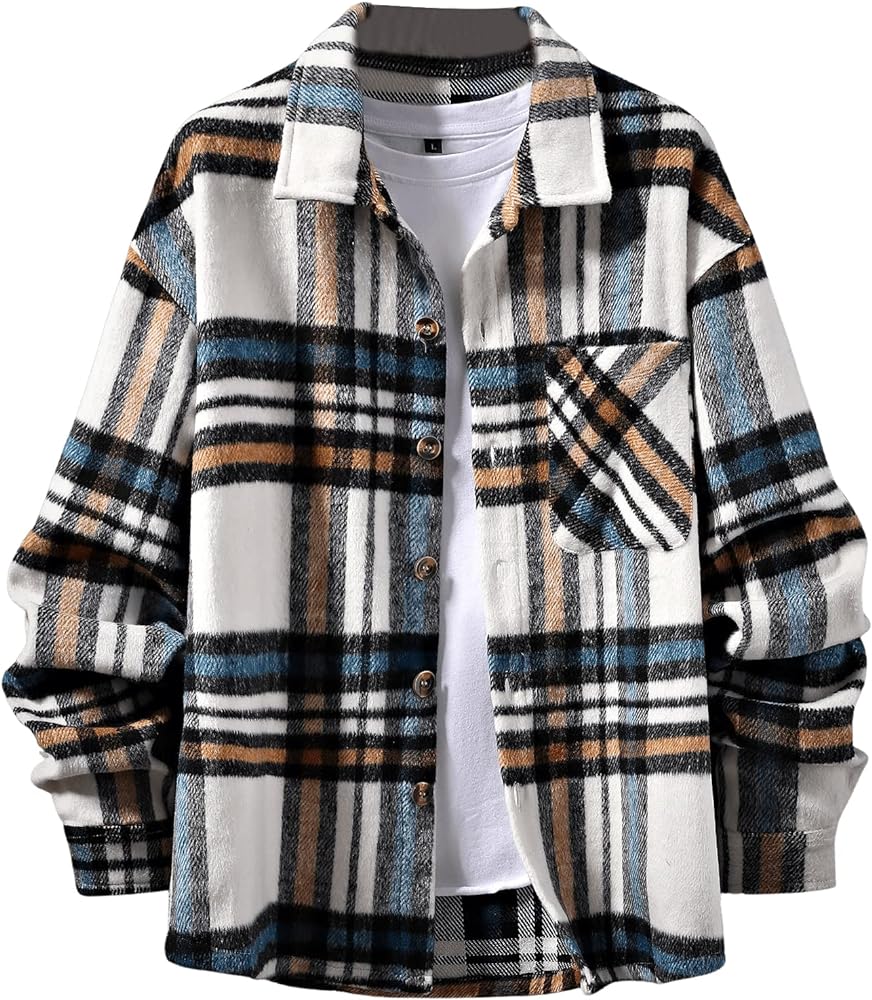 SweatyRocks Men's Plaid Long Sleeve Button Front Jacket Drop Shoulder Single Breasted Coat Shirt