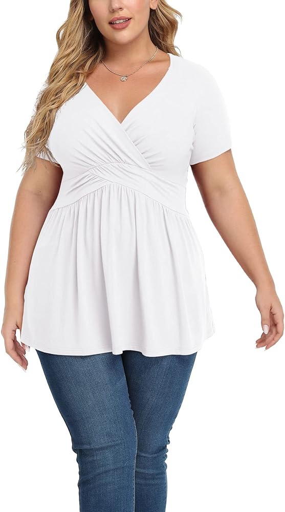 TIANZHU Women's Plus Size Dressy Tops Wrap Shirt Short Sleeve Tunic Top V Neck Low Cut Cute Blouse