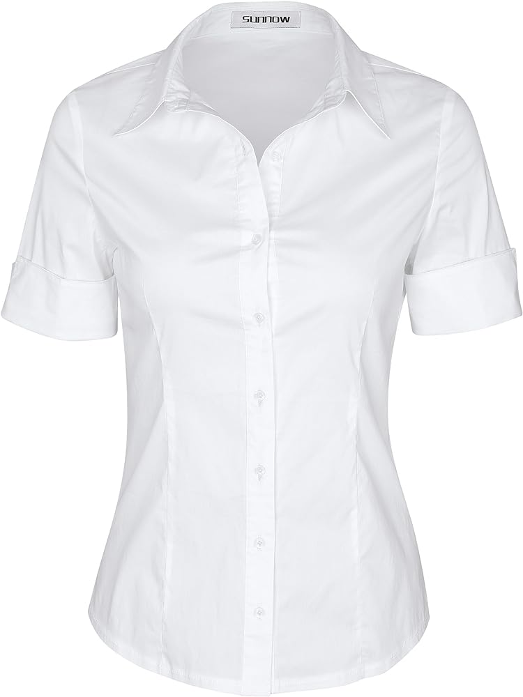 Womens Button Down Shirts Tailored Short Sleeve Shirt Basic Simple Stretch Wrinkle Free Formal Work Blouses