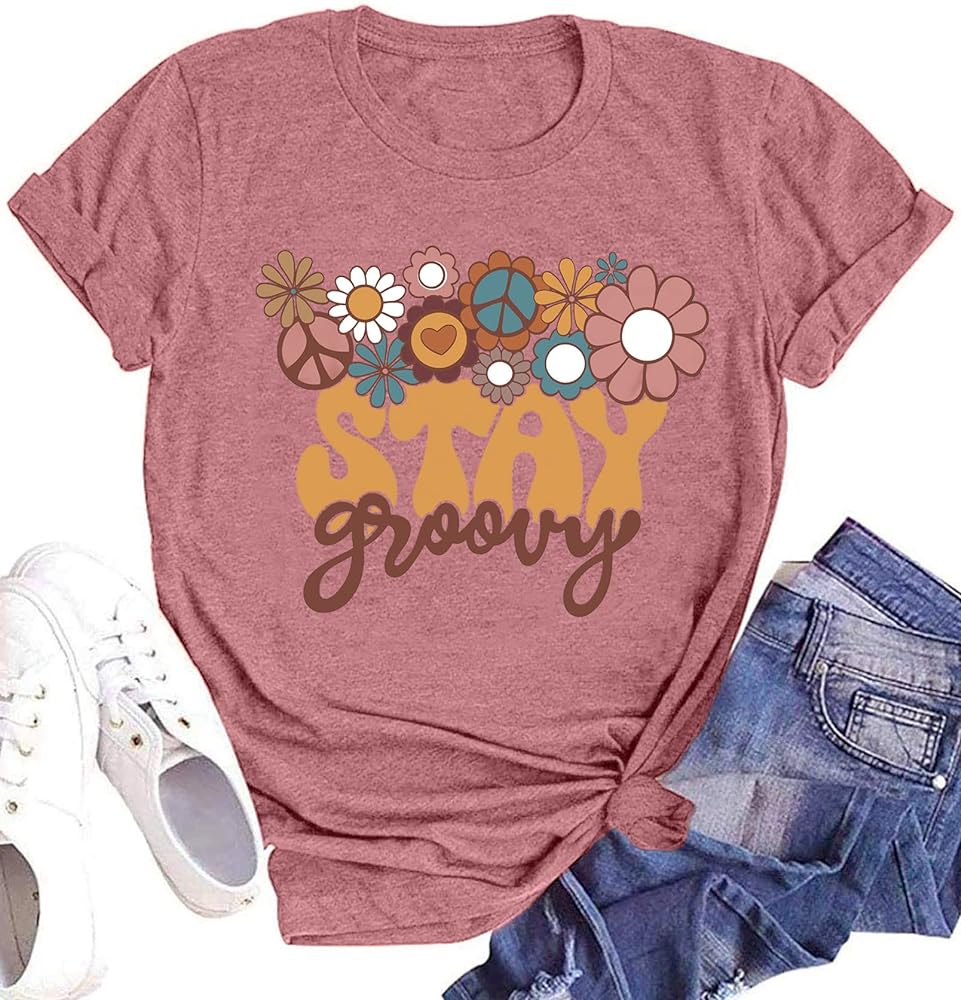 Stay Groovy Shirt for Womens Floral Graphic Retro Shirts Hippie 70s Tee Summer Tee Tops