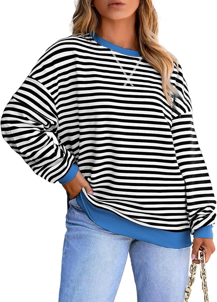 Eytino Women Plus Size Sweatshirt Striped Color Block Crew Neck Pullover Tops Long Sleeve Casual Shirt(1X-5X)