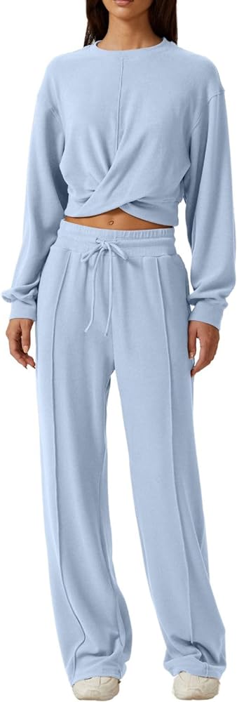 QINSEN Women 2 Piece Outfits Sweatsuit Set Twist Front Cropped Sweatshirt Wide Leg Sweatpant Lounge Set Tracksuit