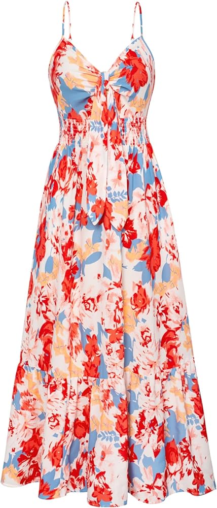 GRACE KARIN Women's 2024 Summer Beach Dress Floral V Neck Tie Front Spaghetti Strap Flowy Long Dress Boho Maxi Dress