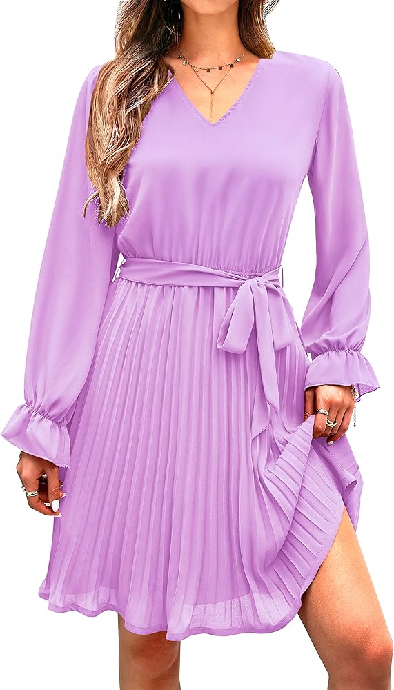 PRETTYGARDEN Women's Casual Spring Fall Dresses Long Puff Sleeve V Neck Pleated Ruffle Flowy Belted Dress