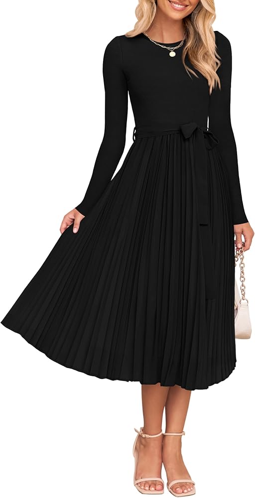 ZESICA Women's Fall Long Sleeve Midi Dress Casual Crewneck Knit Belted Pleated A Line Flowy Sweater Dresses