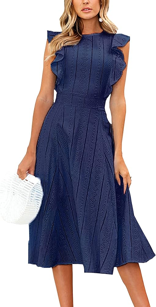 ECOWISH Womens Summer Dresses 2024 Elegant Wedding Cocktail Ruffle Cap Sleeves A-Line Midi Dress