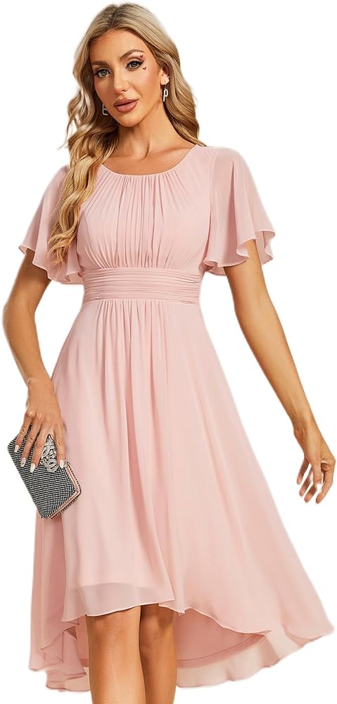 Ever-Pretty Women's Crew Neck Pleated Waist Short Sleeve Wedding Guest Dress Chiffon Bridesmaid Dresses 02053