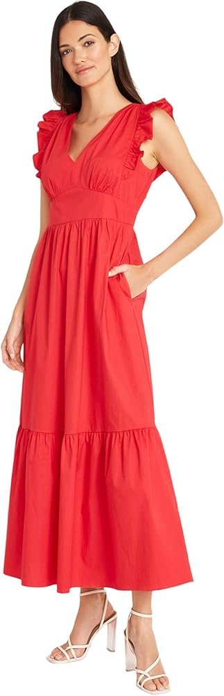 Maggy London Women's V-Neck Ruffle Details Cotton Poplin Maxi Dress