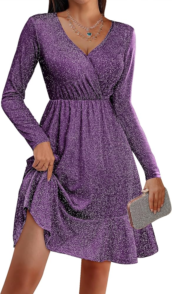 Zeagoo Womens Glitter Dress Wrap V Neck Long Sleeve Ruffle Hem Swing Club Cocktail Party Dresses Mini Sparkle Dress