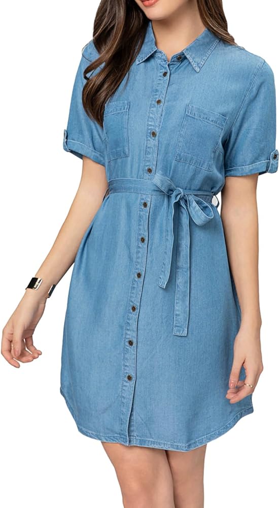 Women's Denim Tie Waist Dress V Neck Button Down Short Sleeve Dresses Solid Color Casual Jean Pocket Dresses