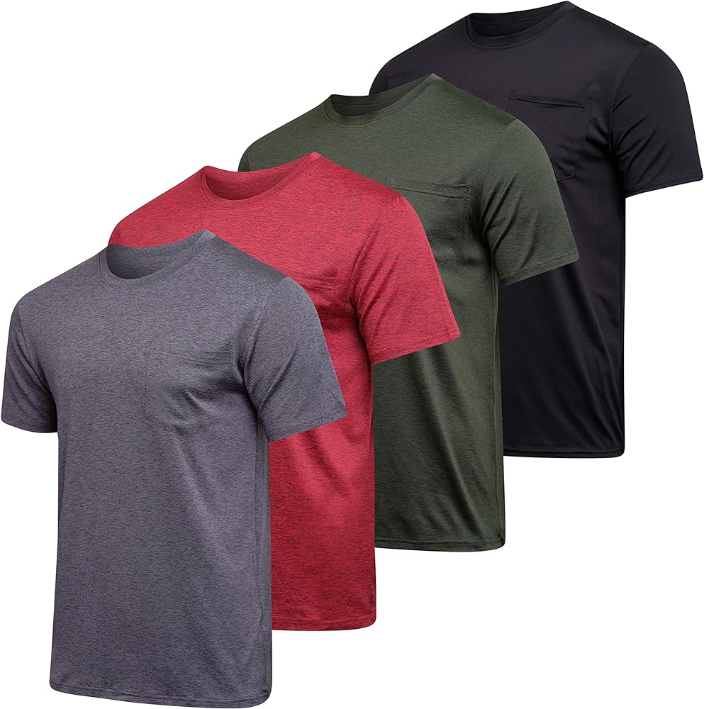 Real Essentials 4 Pack: Men's Dry-Fit Short Sleeve Pocket Crew Performance Athletic T-Shirt (Available in Big & Tall)