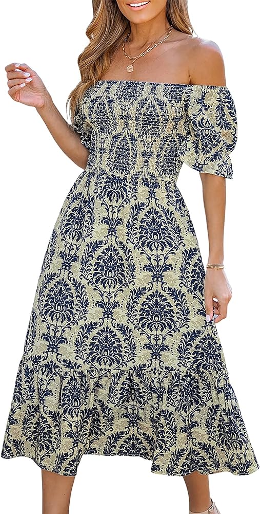 CUPSHE Women's Off The Shoulder Ruffled Short Sleeve Smocked Paisley Beach Midi Dress