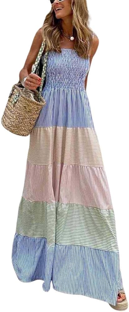 chouyatou Women's Color Block Striped Smocked Maxi Dress Sexy Spaghetti Strap Tiered Flowy Beach Maxi Dress