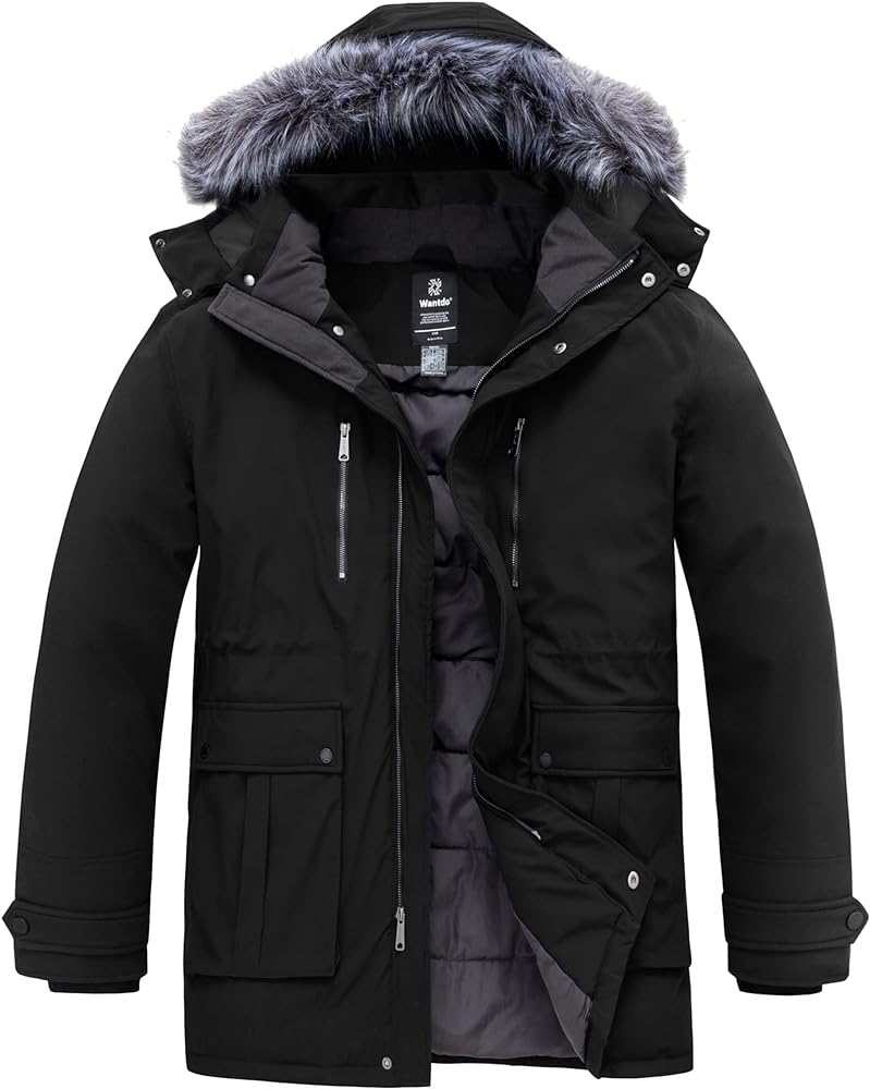 wantdo Men's Big and Tall Winter Coat Warm Long Puffer Jacket Thickened Snow Parka Outerwear with Removable Fur Hood