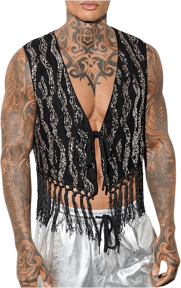 WDIRARA Men's Glitter Fringe Hem Tie Front Vest Asymmetrical Tassel Sleeveless Jacket Vest