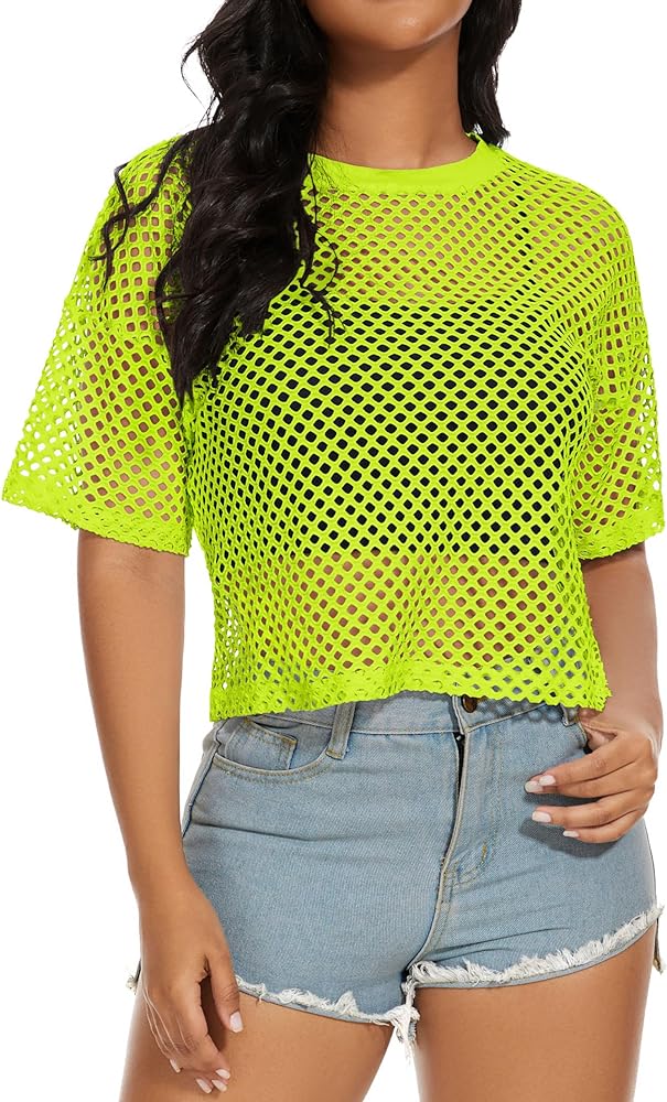 Women's Mesh Fishnet Top See Through Cover Up Short Sleeves T Shirts Sheer Blouse