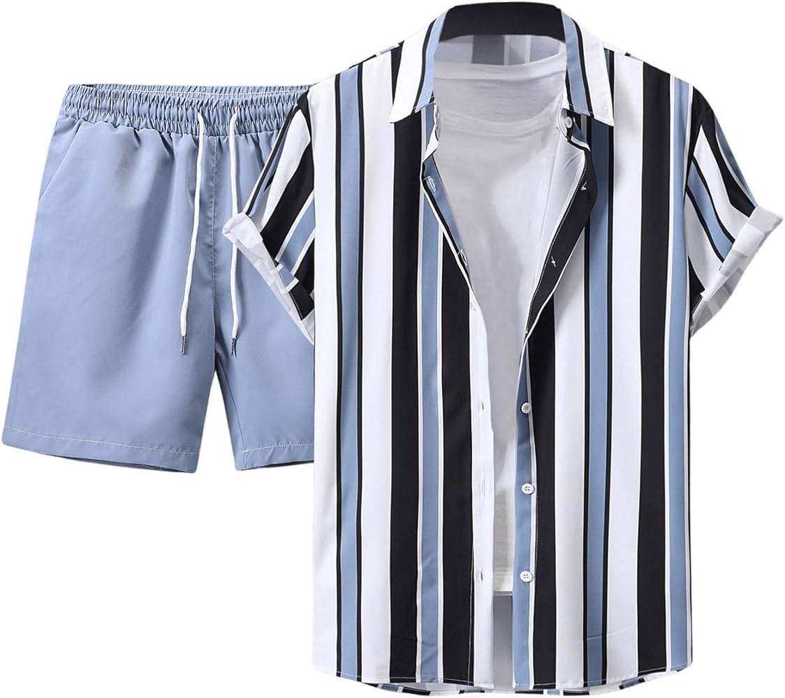 Verdusa Men's 2 Piece Shirt Sets Short Sleeve Casual Button Down Outfit Shorts Set Summer Beach Outfits