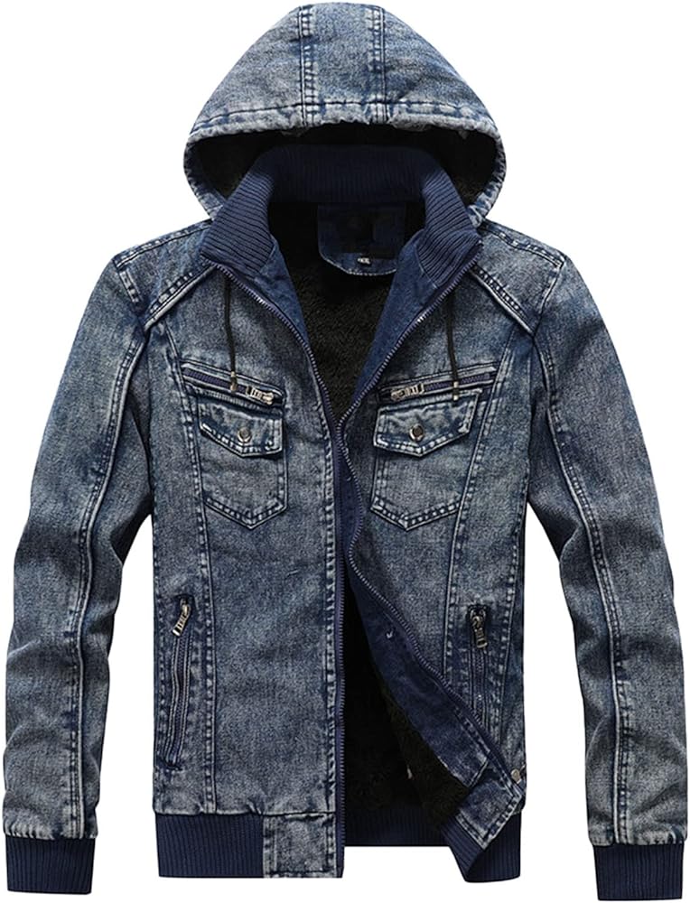 Hoodie Jean Jacket for Men Sherpa Trucker Jacket Faux Fur Collar Sherpa Fleece Lined Distressed Denim Trucker Jacket