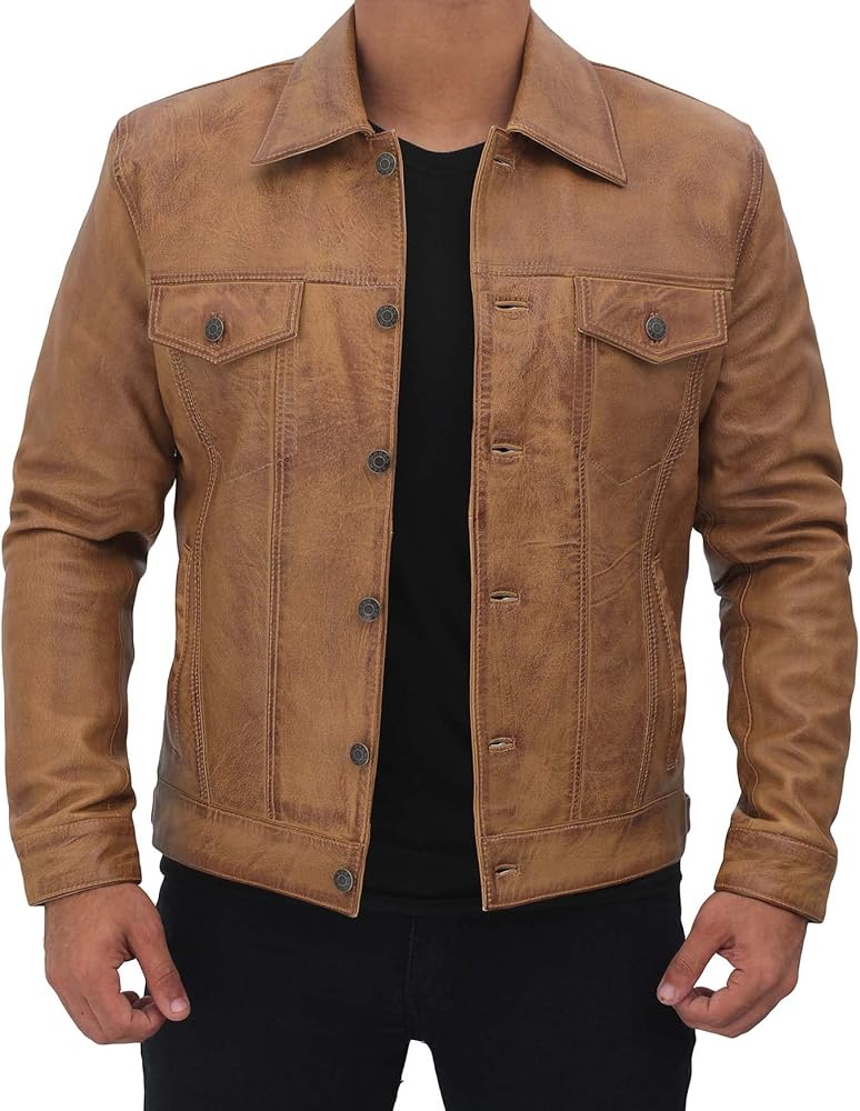 Premium Lambskin Leather Vintage Trucker Jacket Men - Shirt Collar Jackets For Mens