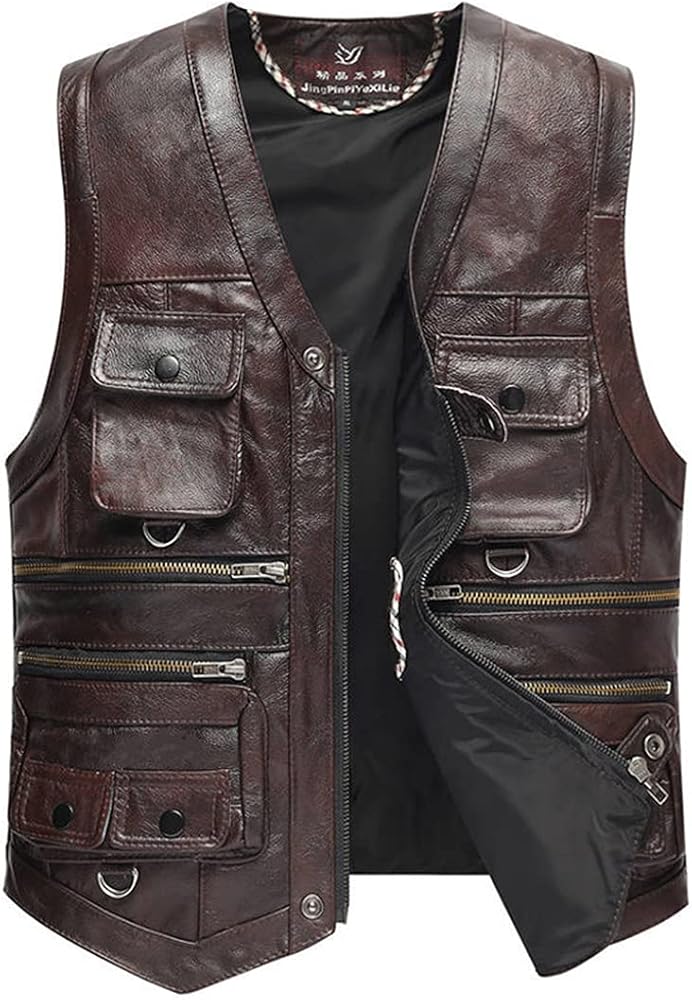 Men's Multi-Pocket V-Neck Vest Male Plus Size Stylish Leather Vest Zipper Waistcoat