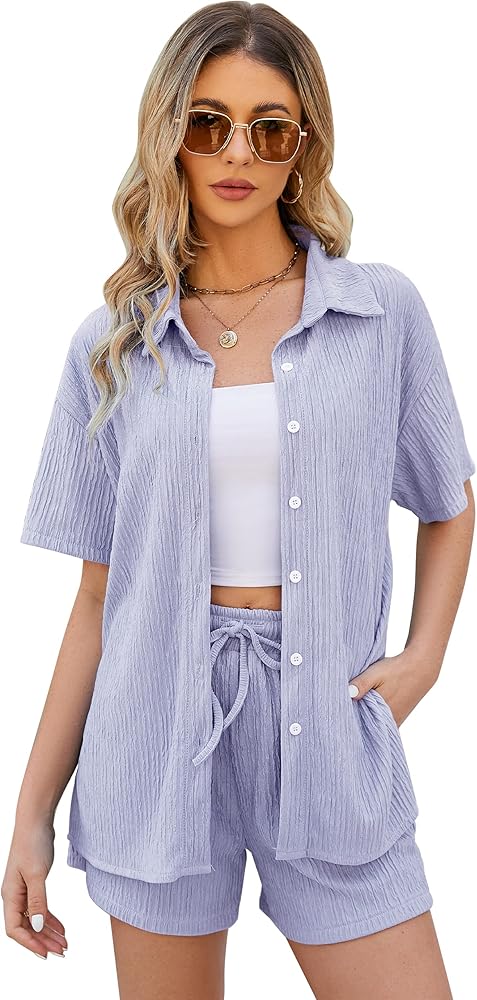 Women's 2 Piece Summer Lounge Set Short Sleeve Button Down Shirt Drawstring Shorts Casual Outfits