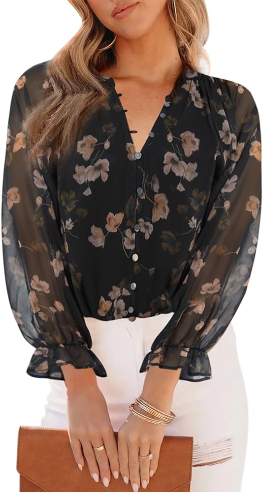 Womens Casual Boho Floral Print V Neck Long Sleeve Blouses Button Down Shirts Dressy Chiffon Loose Ruffle Tops