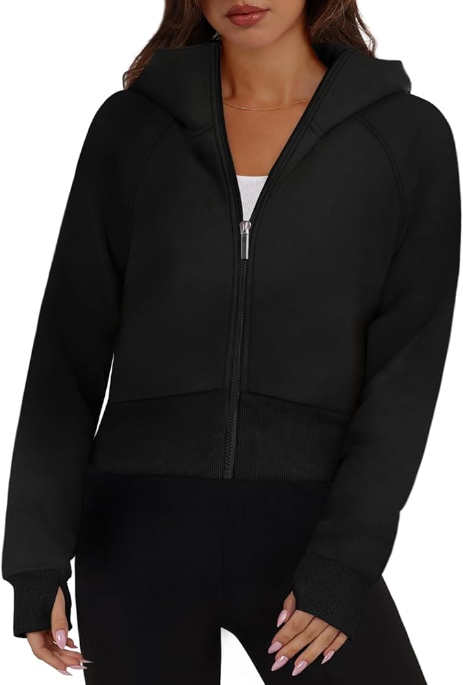 XIEERDUO Womens Zip Up Hoodie Cropped Sweatshirts Thumb Hole Fleece Jackets