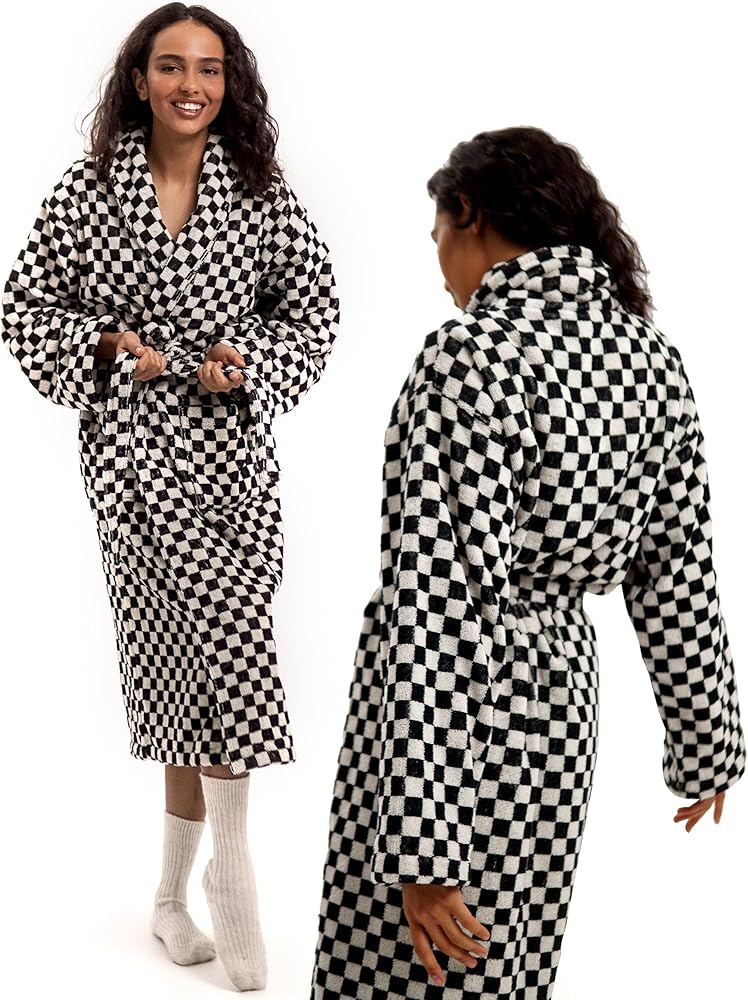 Bathrobe for Women - Terry Cloth Robe for Women and Men - 100% Cotton Checkered Bathrobe