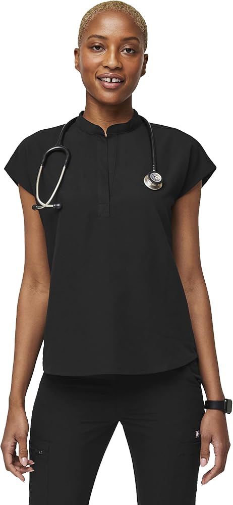 FIGS Rafaela Oversized Scrub Tops for Women — Mandarin Collar, Shirttail Hem, 3 Pockets, 4-Way Stretch Women’s Scrub Top