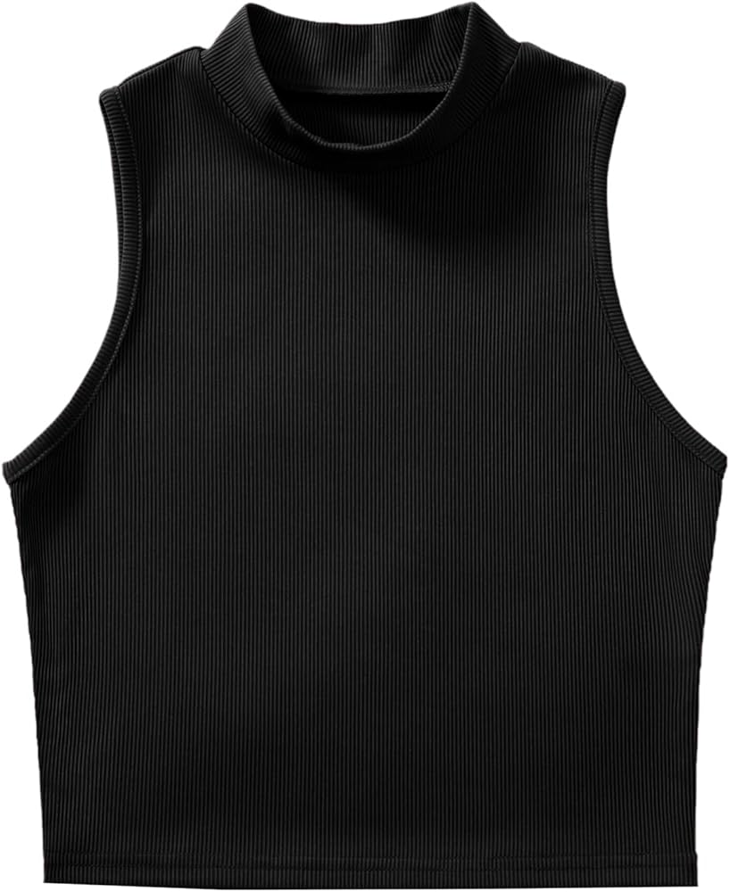 Verdusa Women's Basic Sleeveless Mock Neck Rib Knit Tank Crop Top