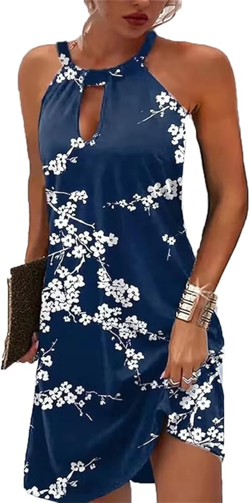 Women Summer Sleeveless Halter Neck Dresses 2024 Casual Floral Print Dress Mid Sun Dress for Party Beach Vacation