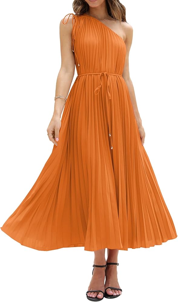 BTFBM Women's Drawstring One Shoulder Maxi Dresses Summer Sleeveless Tie Waist Pleated Long Flowy Party Cocktail Dress