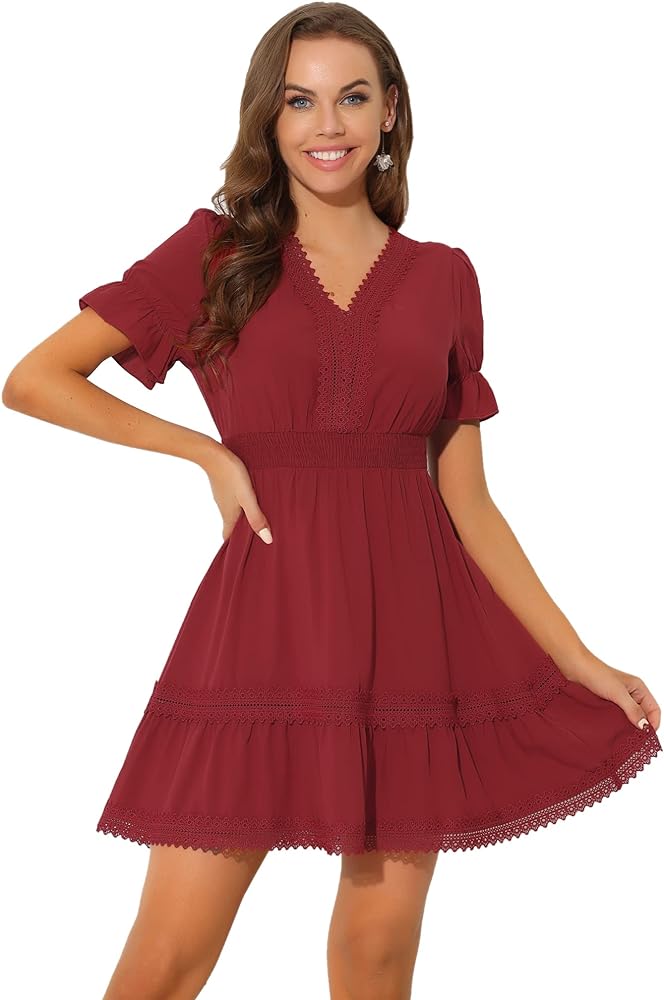 Allegra K Women's 2024 Summer Crochet Trim V Neck Casual Ruffled Tiered Smocked Boho Dress