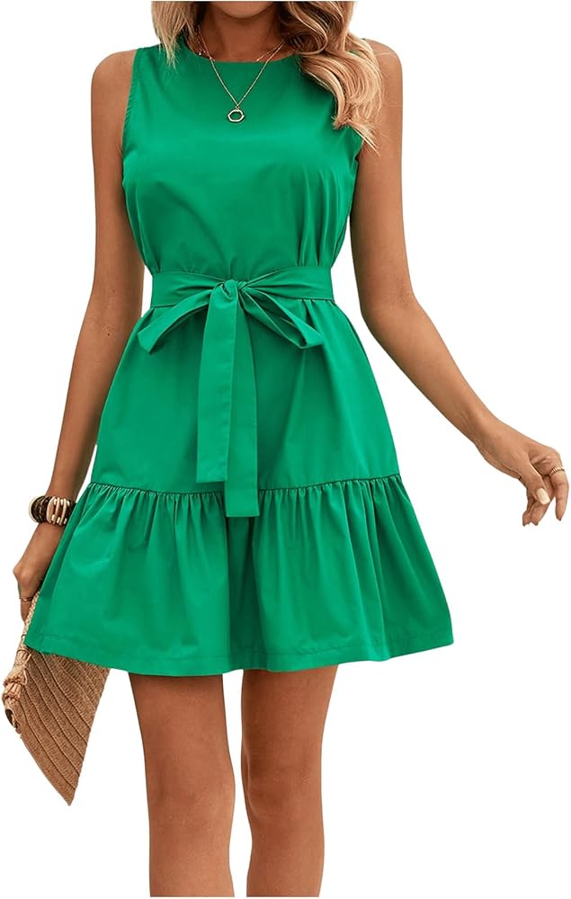 SOLY HUX Dresses for Women Summer Belted Tank Dress Casual Sleeveless Mini Swing Sundress