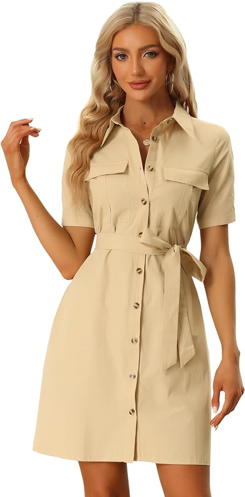 Allegra K Women's Safari Dress Summer Collared Button Down Cotton Belted Shirtdress