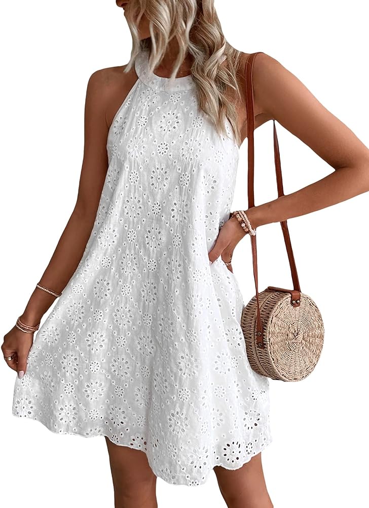 WDIRARA Women's Eyelet Embroidery Sleeveless Keyhole Back Halter Neck Summer Aline Dress