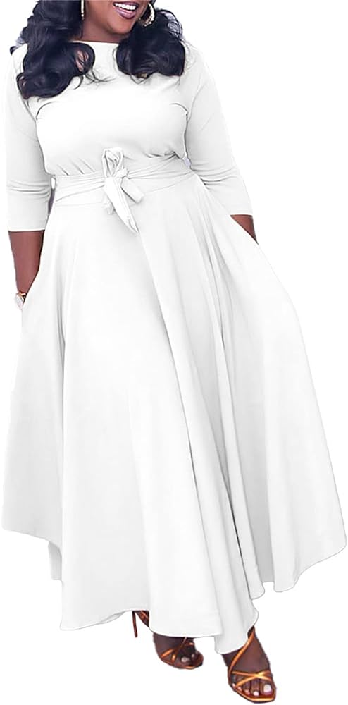 Casual Plus Size Maxi Dress for Women African Print Long Dress 3/4 Sleeve Flowy Ruffle Dress with Belt 2024 Fall