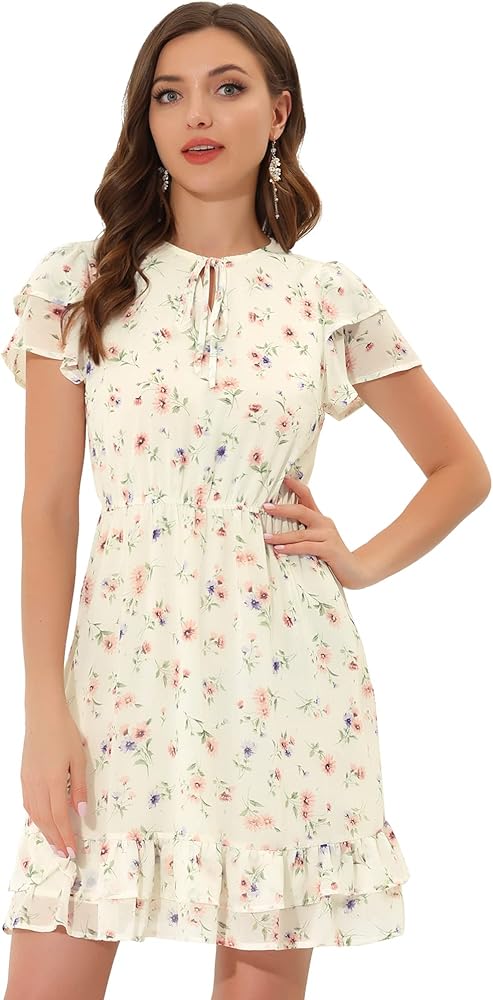 Allegra K Women's Ruffle Sleeve Self-Tie V Neck Above Knee Ruffled A-Line Floral Chiffon Dress