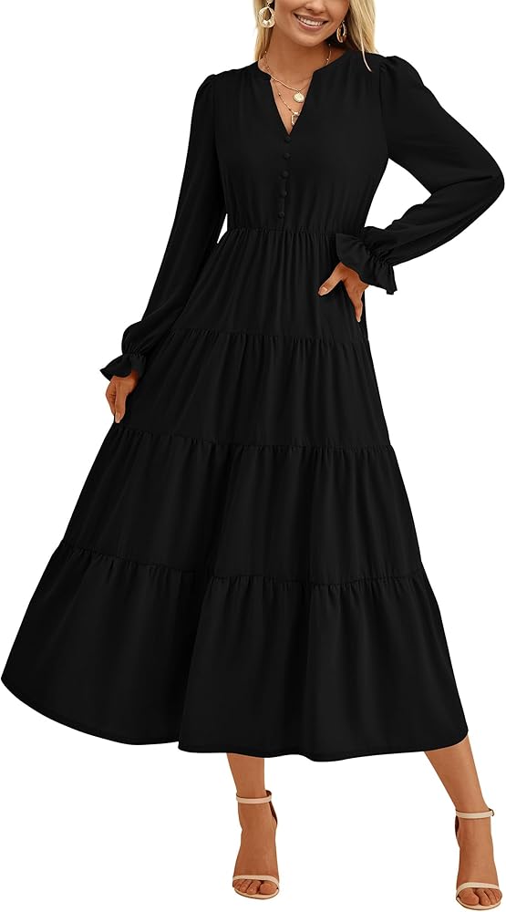 PRETTYGARDEN Women's Fall Maxi Dress Long Sleeve V Neck Tiered Ruffle Flowy A Line Cocktail Party Dresses