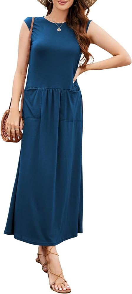 Naggoo Maxi Dresses for Women Summer Casual Sleeveless Beach Loose Fit Pleated Long Sun dresses with Pocket