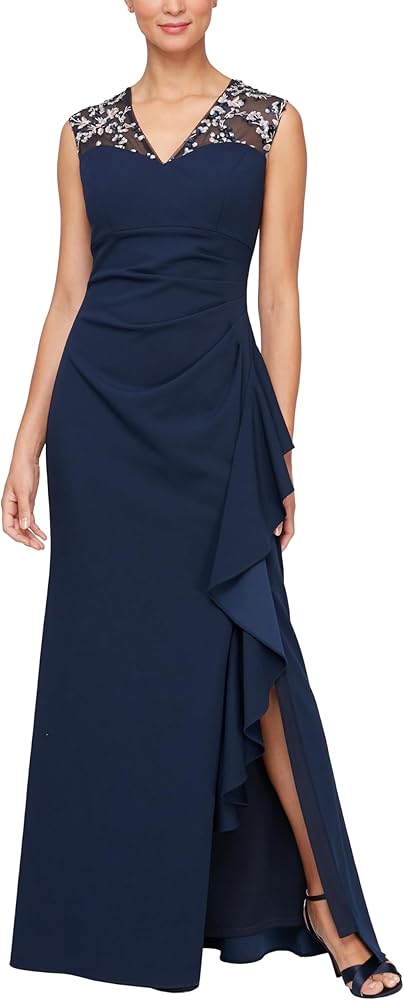 Alex Evenings Women's Long Column Dress with Sweetheart Illusion Neckline