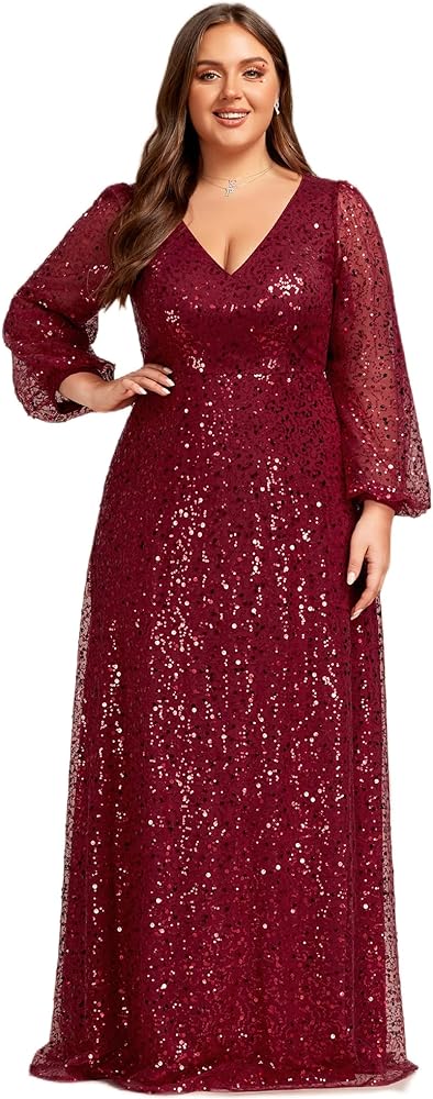 Ever-Pretty Women's A-Line V Neck Sheer Long Sleeves Tulle Plus Size Sequin Formal Dress 01999-DA